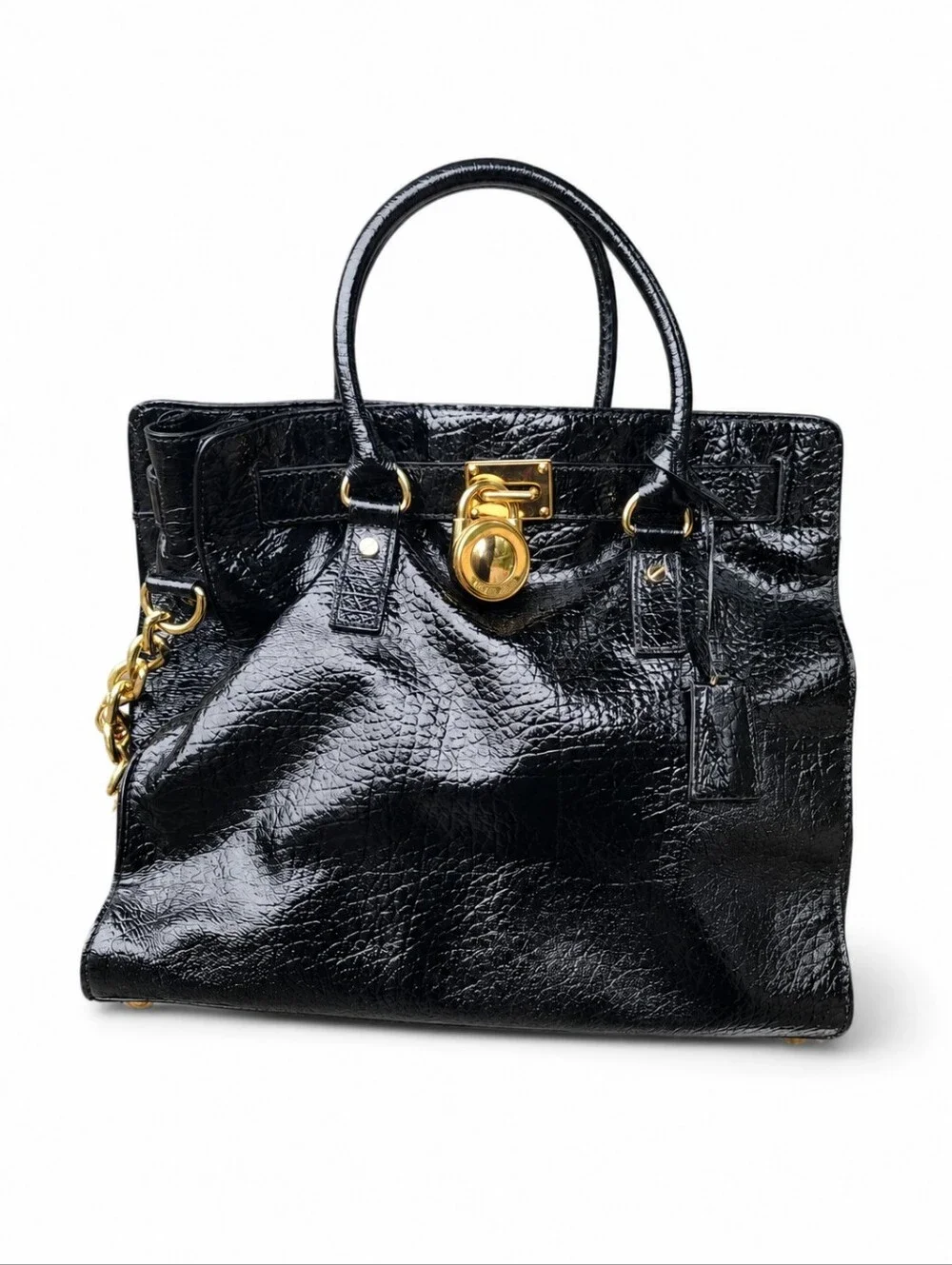 MK Black Patent Leather Tote Handbag with Gold Hardware